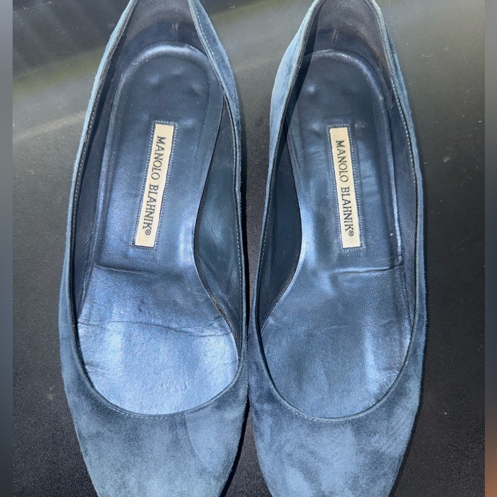 Manolo Blahnik Slate Blue Suede Flats